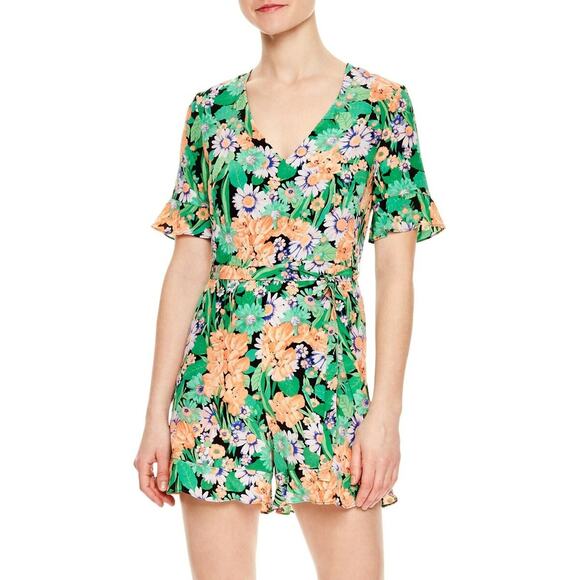 Sandro Green Floral Print V-Neck Eudelin Silk Romper - Picture 1 of 13